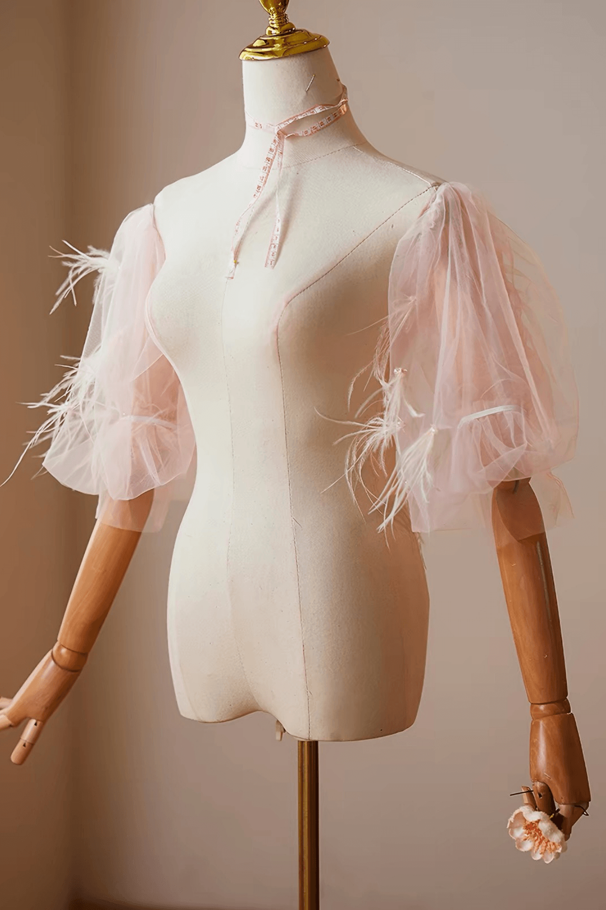 Pink Tulle Feather Pearl Detachable Puff Sleeves Avalabel