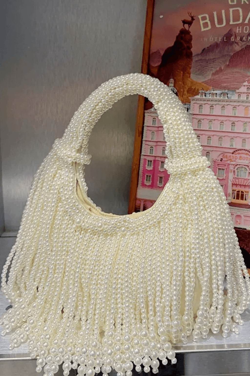 Karine White Pearl Fringe Evening Handbag Avalabel