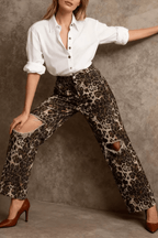 Helen Leopard Print Ripped Knee Wide Leg Pants Avalabel