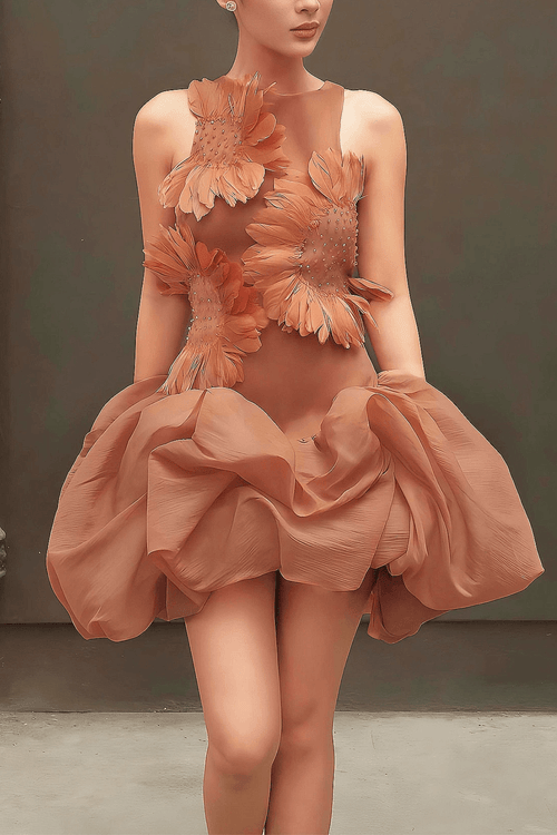 Chloe Elegant Floral Applique Sleeveless Mini Ruffle Dress Avalabel