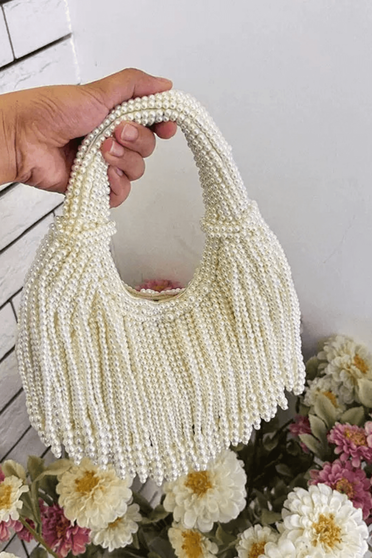 Karine White Pearl Fringe Evening Handbag Avalabel