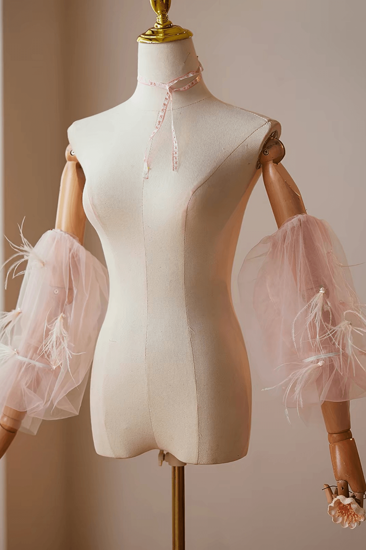 Pink Tulle Feather Pearl Detachable Puff Sleeves Avalabel