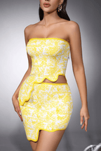 Yellow Printed Strapless Two Piece Mini Skirt Set Avalabel