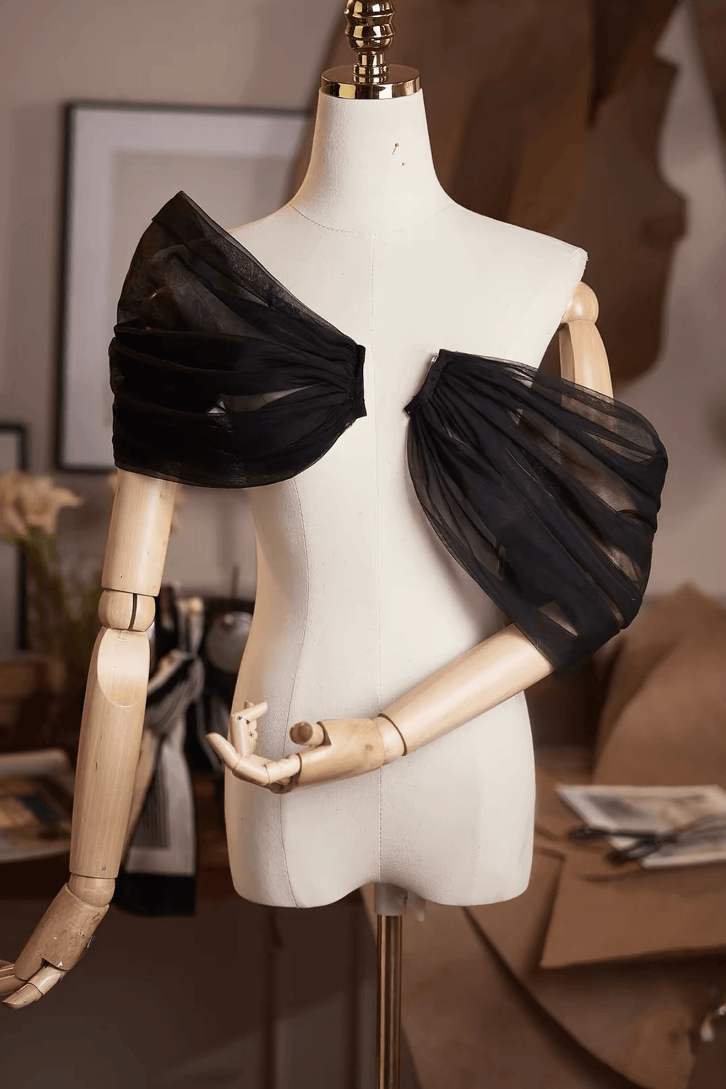 Black Sheer Tulle Twisted Off‑Shoulder Shawl Avalabel