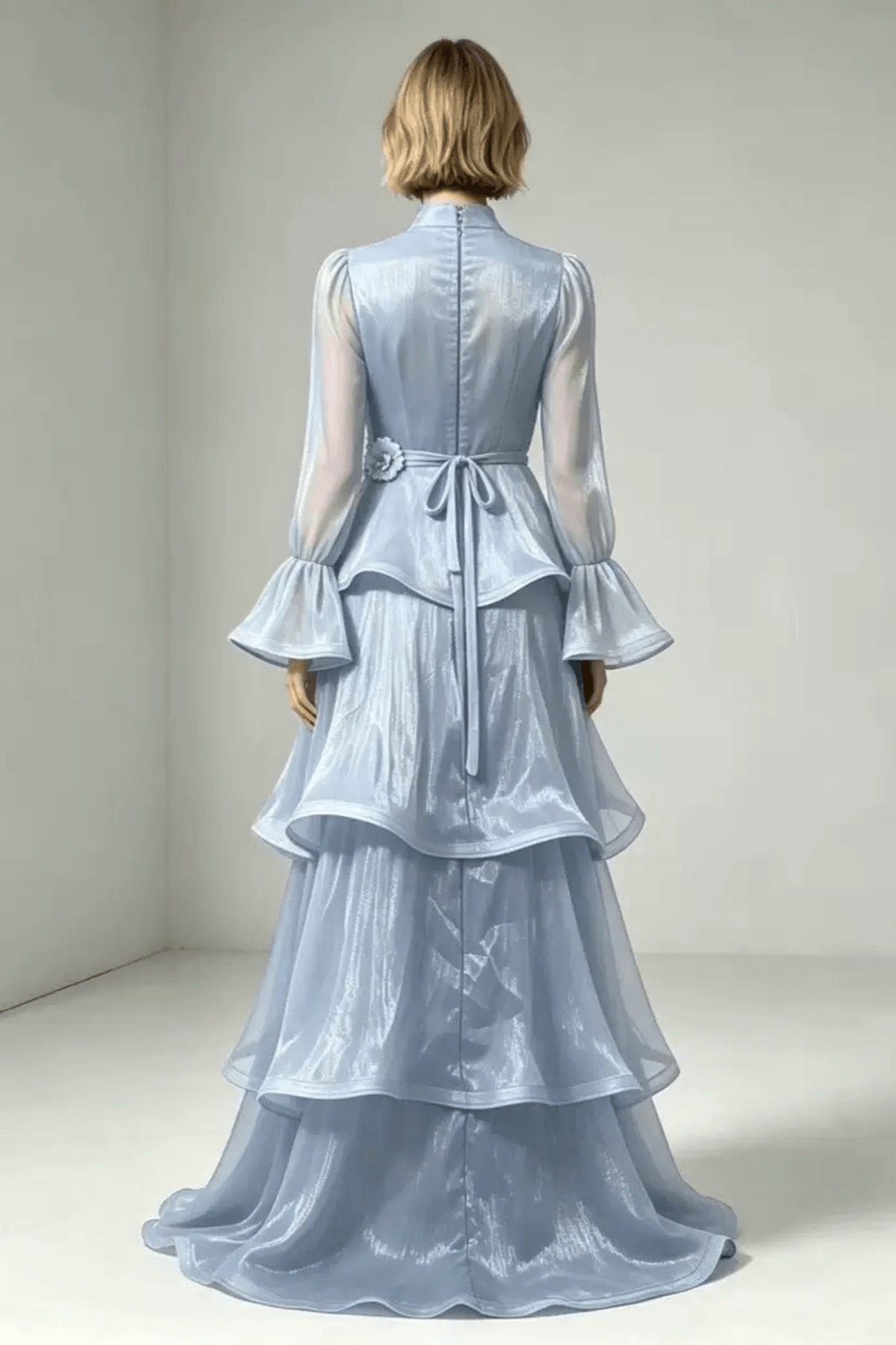 Laura Light Blue Bell Sleeve Tiered Ruffle Dress Avalabel