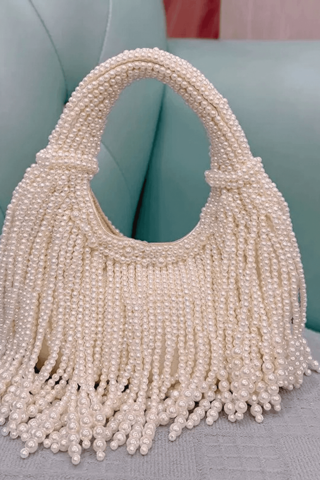 Karine White Pearl Fringe Evening Handbag Avalabel