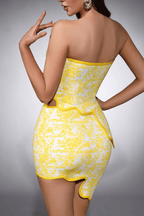 Yellow Printed Strapless Two Piece Mini Skirt Set Avalabel