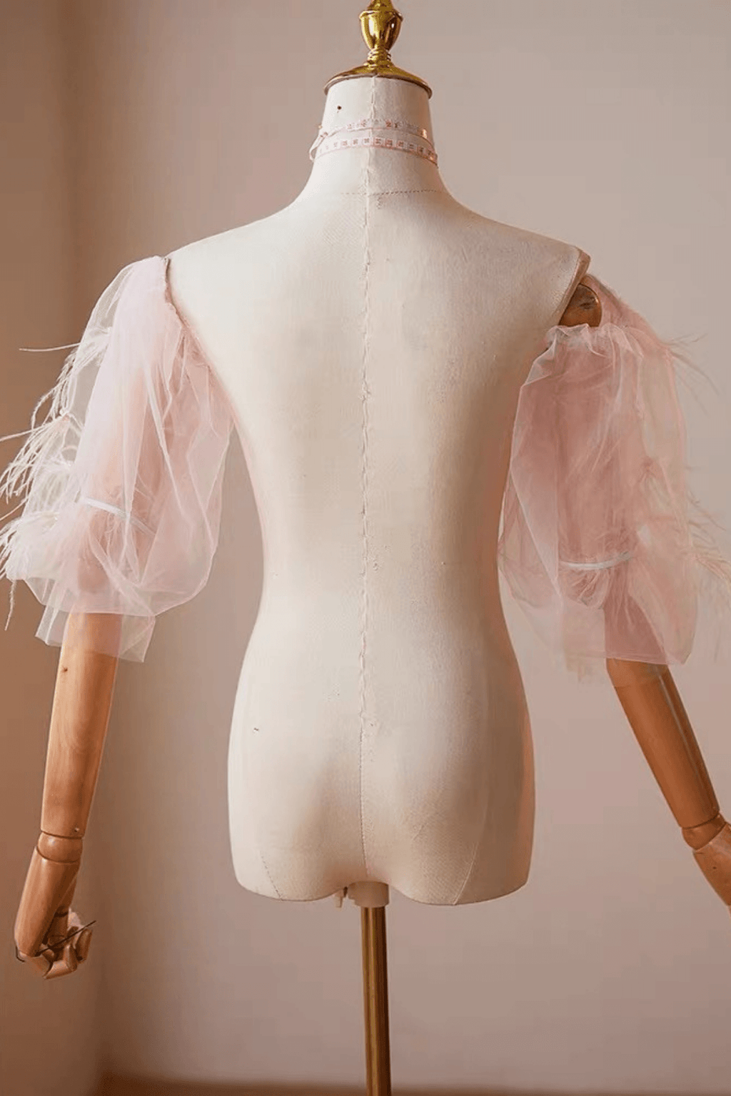 Pink Tulle Feather Pearl Detachable Puff Sleeves Avalabel