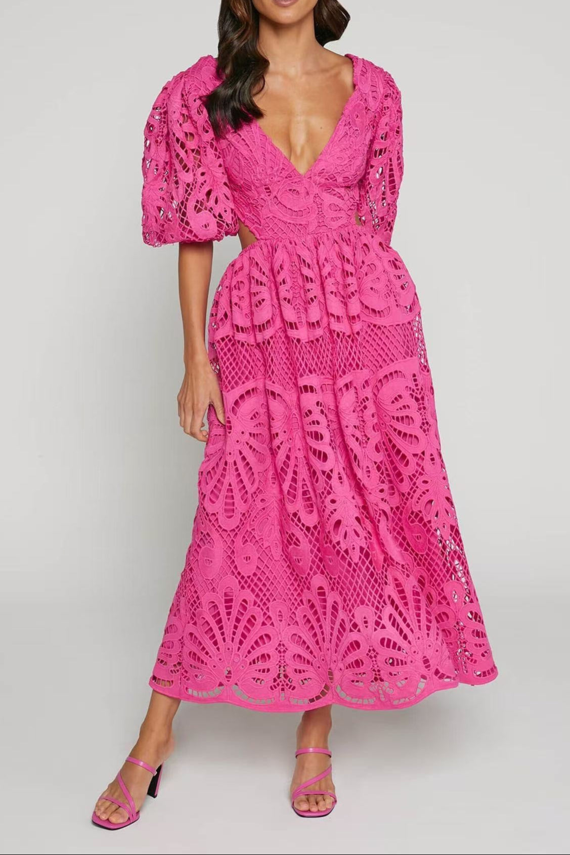 V Neck Cut Out Lace Midi Dress Avalabel