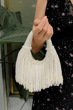 Karine White Pearl Fringe Evening Handbag Avalabel