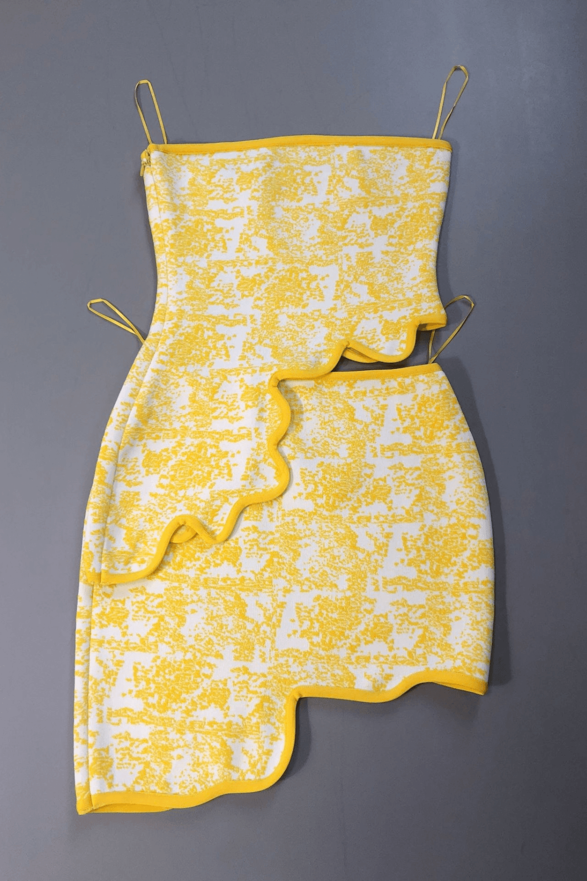 Yellow Printed Strapless Two Piece Mini Skirt Set Avalabel