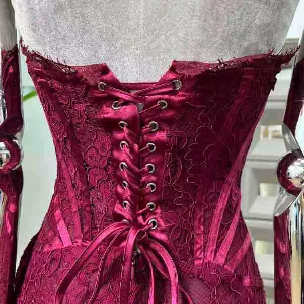 Burgundy Lace Overlay Bustier Mini Dress Avalabel
