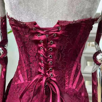 Burgundy Lace Overlay Bustier Mini Dress Avalabel
