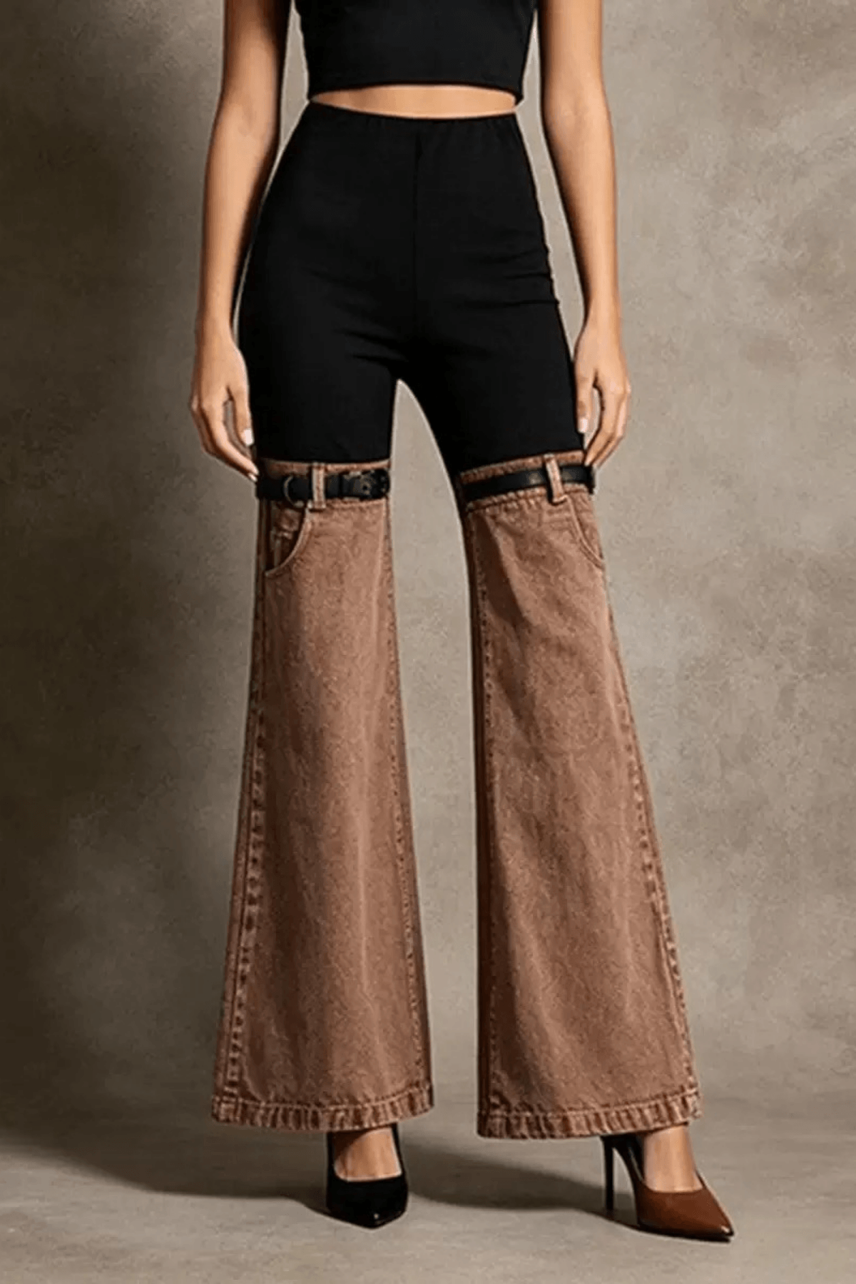 Hattie Color Block Strap Detail Flared Pants Avalabel