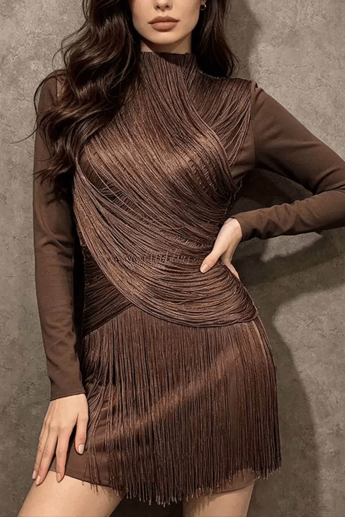 Junie Brown Fringe Long Sleeve Mini Dress Avalabel