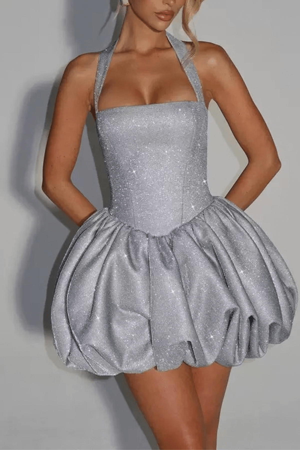Farah Silver Glitter Halter Mini Dress Avalabel