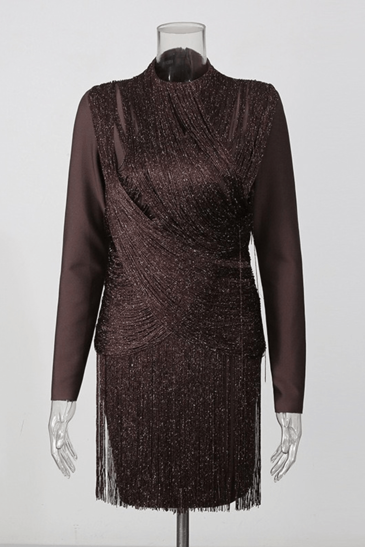 Junie Brown Fringe Long Sleeve Mini Dress Avalabel