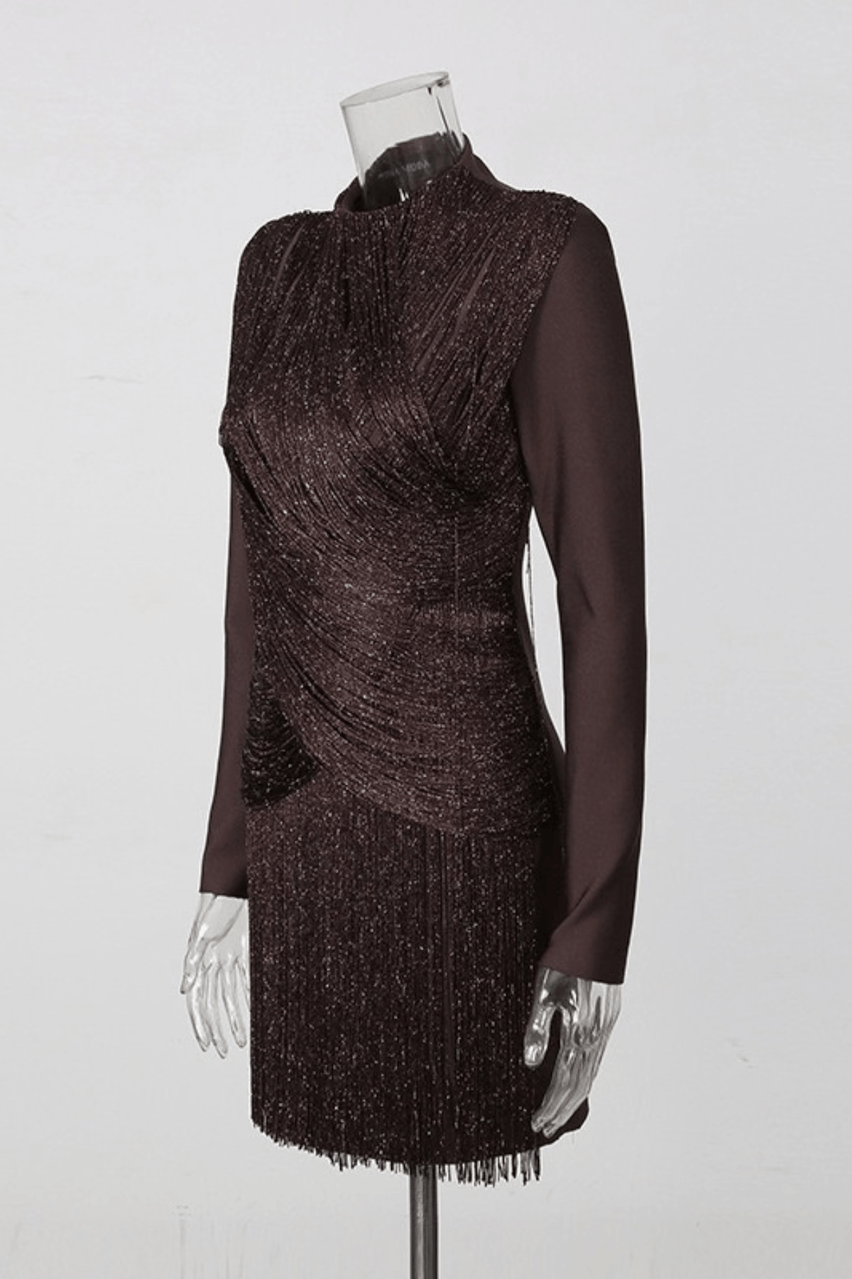 Junie Brown Fringe Long Sleeve Mini Dress Avalabel
