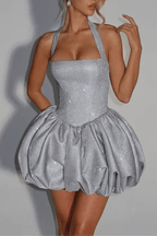 Farah Silver Glitter Halter Mini Dress Avalabel