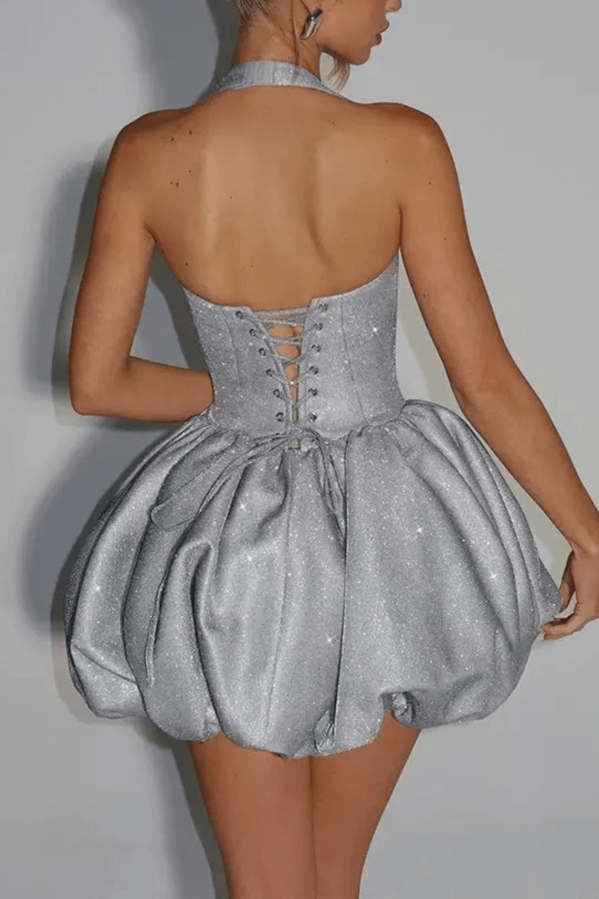 Farah Silver Glitter Halter Mini Dress Avalabel