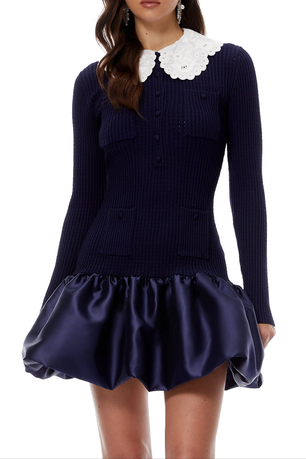 lorraine Navy Blue Satin Panel Knit Mini Dress Avalabel