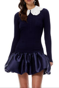lorraine Navy Blue Satin Panel Knit Mini Dress Avalabel