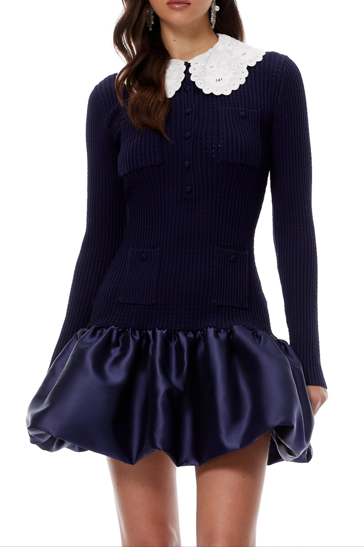 lorraine Navy Blue Satin Panel Knit Mini Dress Avalabel