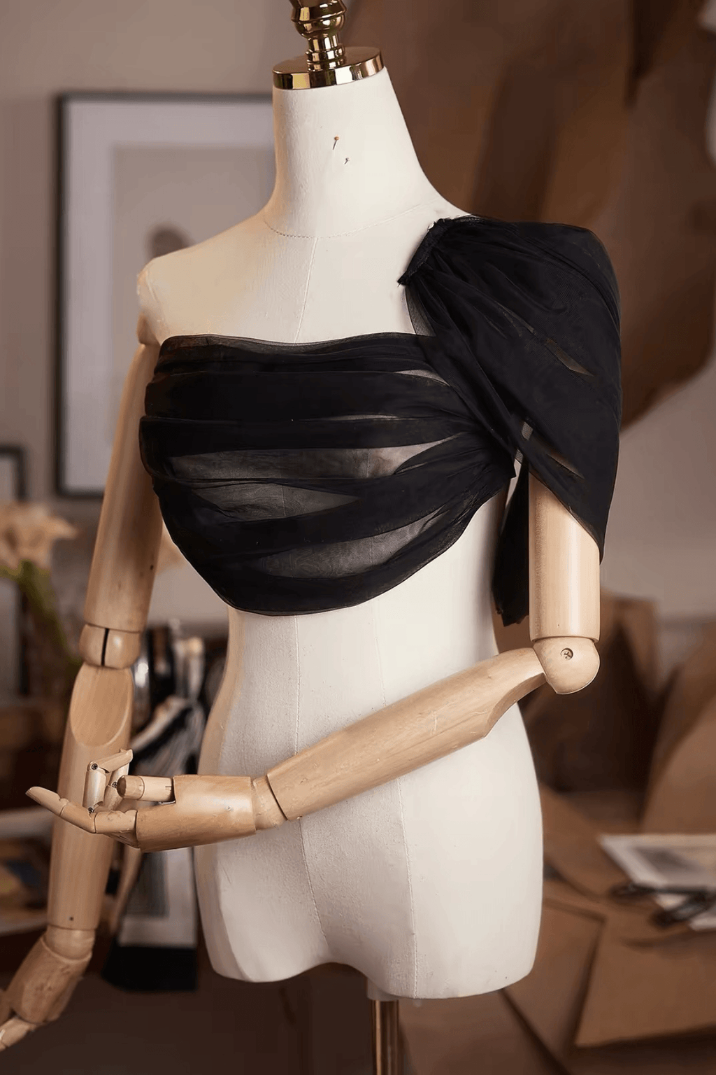 Black Sheer Tulle Twisted Off‑Shoulder Shawl Avalabel