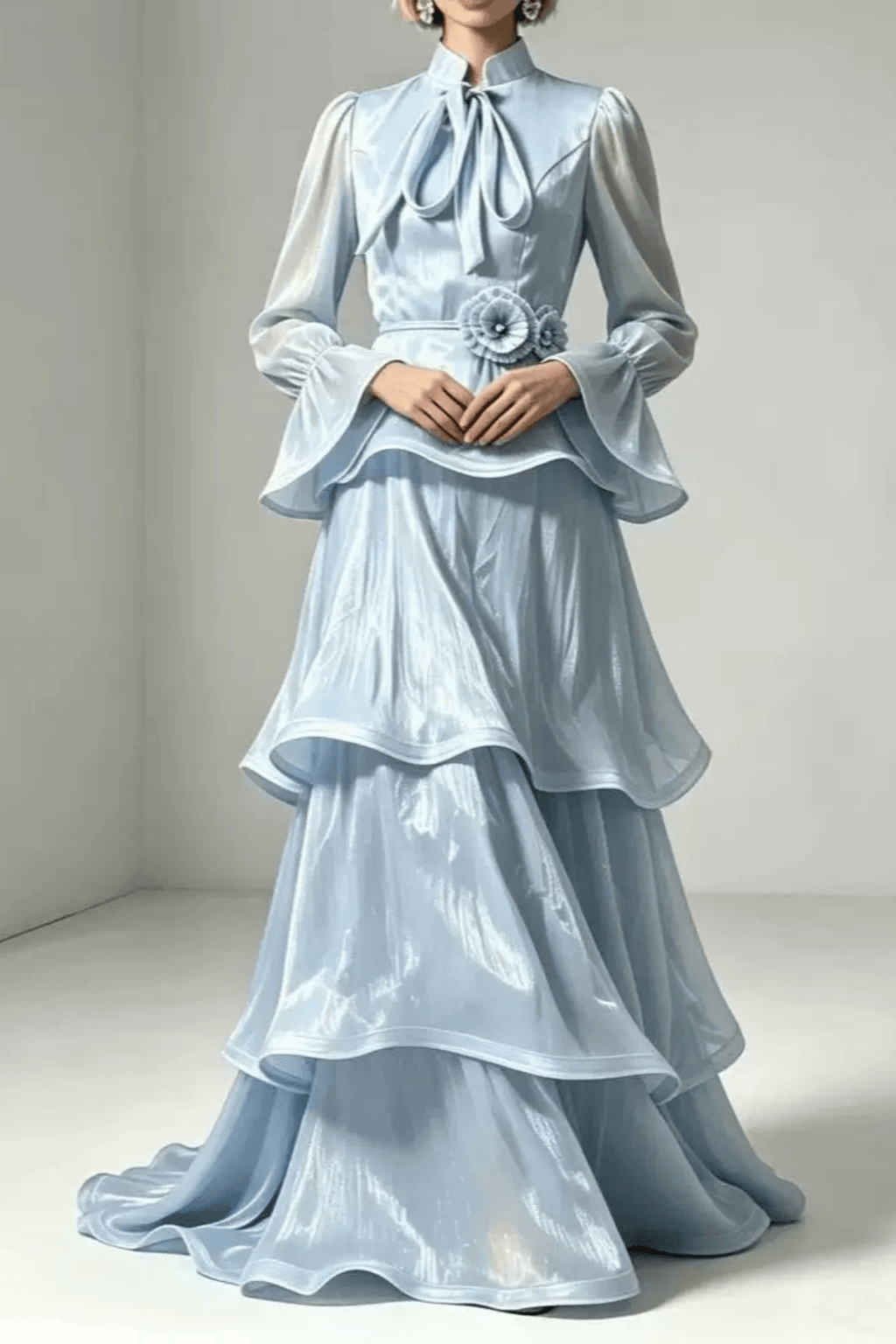 Laura Light Blue Bell Sleeve Tiered Ruffle Dress Avalabel