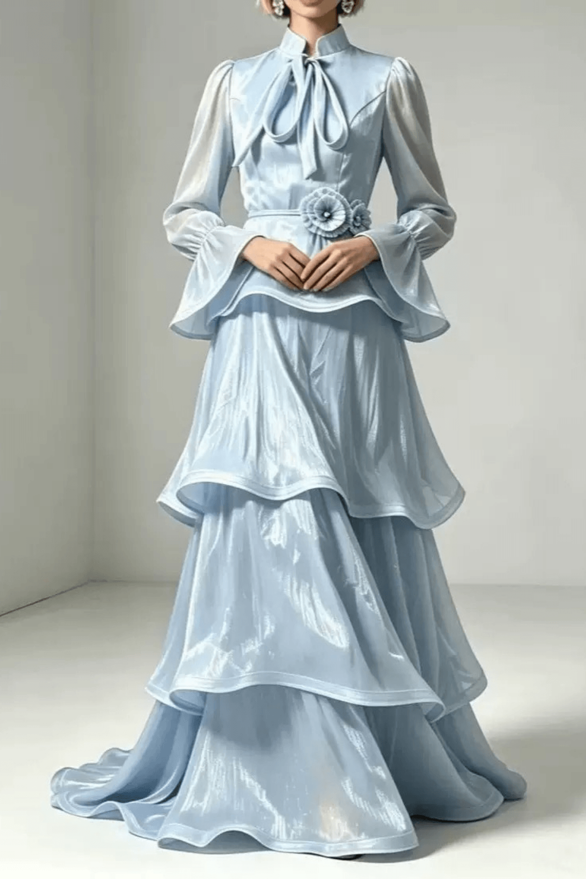Laura Light Blue Bell Sleeve Tiered Ruffle Dress Avalabel