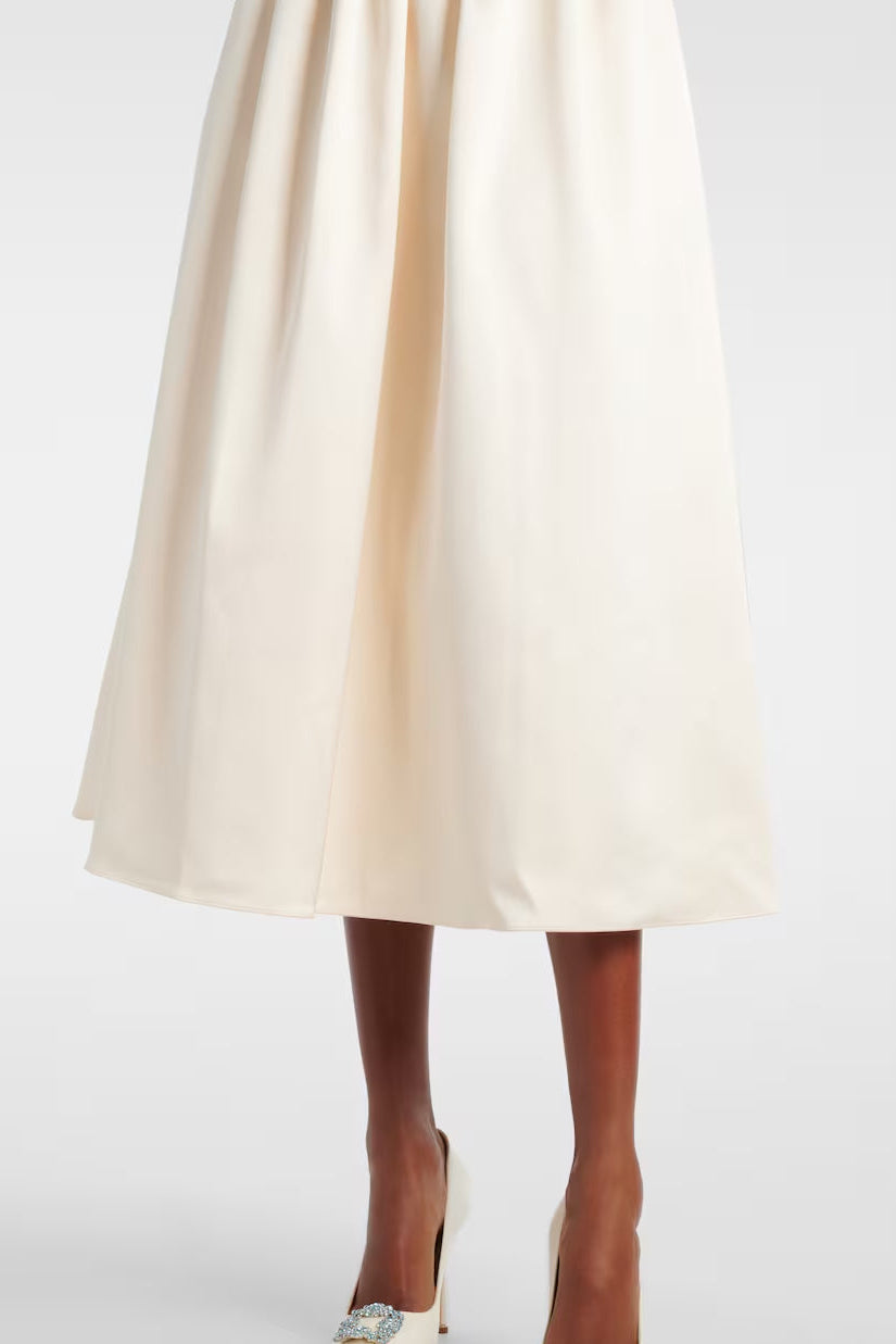Polly Floral-Appliqué Satin Midi Dress in Ivory