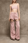 Hedy Pink Acid Wash Cutout Wide Leg Pants Avalabel