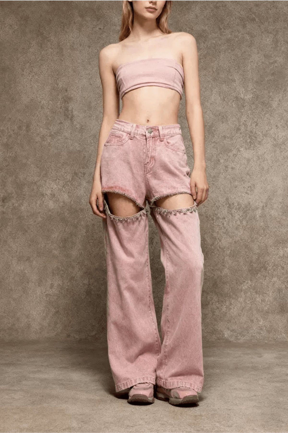 Hedy Pink Acid Wash Cutout Wide Leg Pants Avalabel