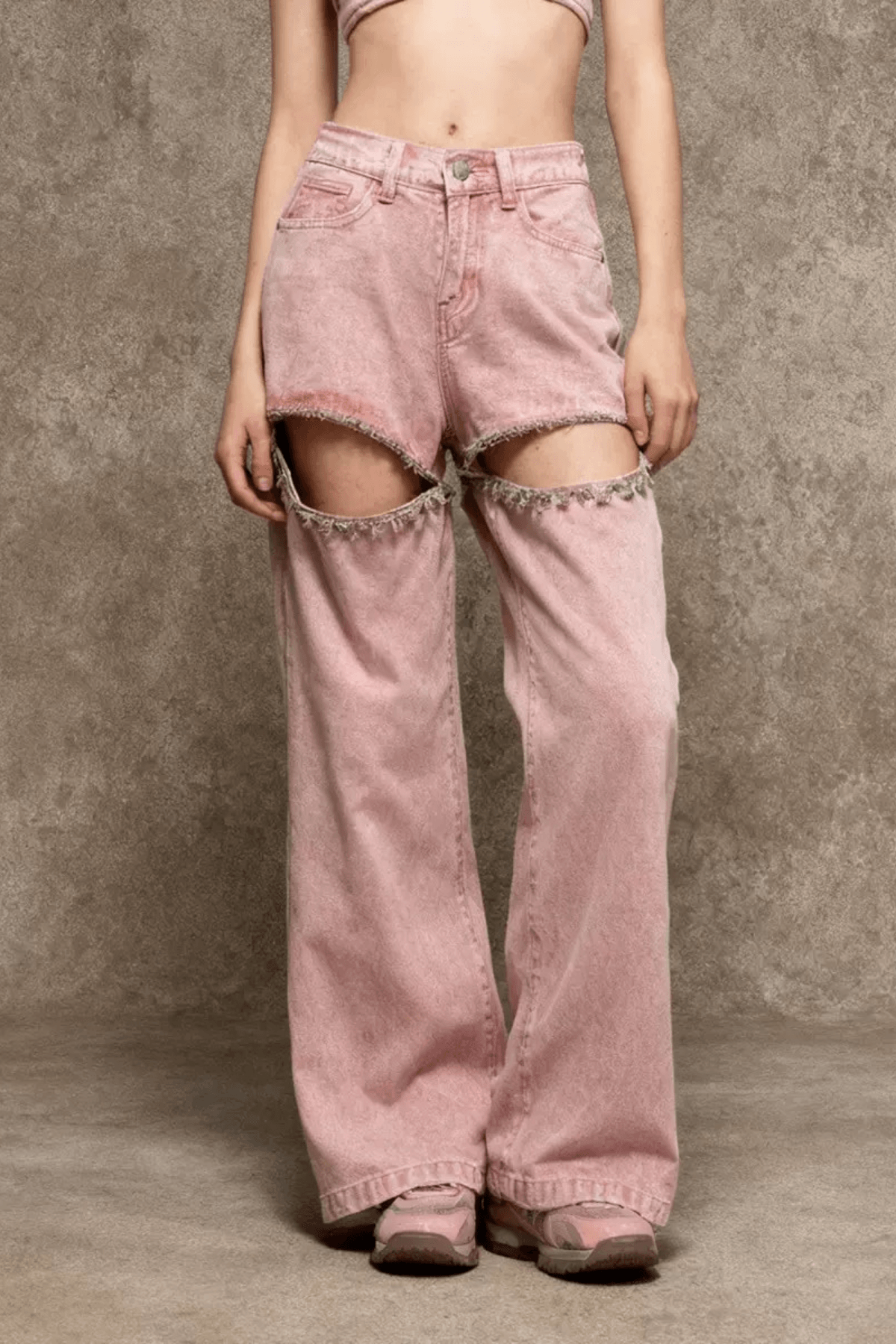 Hedy Pink Acid Wash Cutout Wide Leg Pants Avalabel