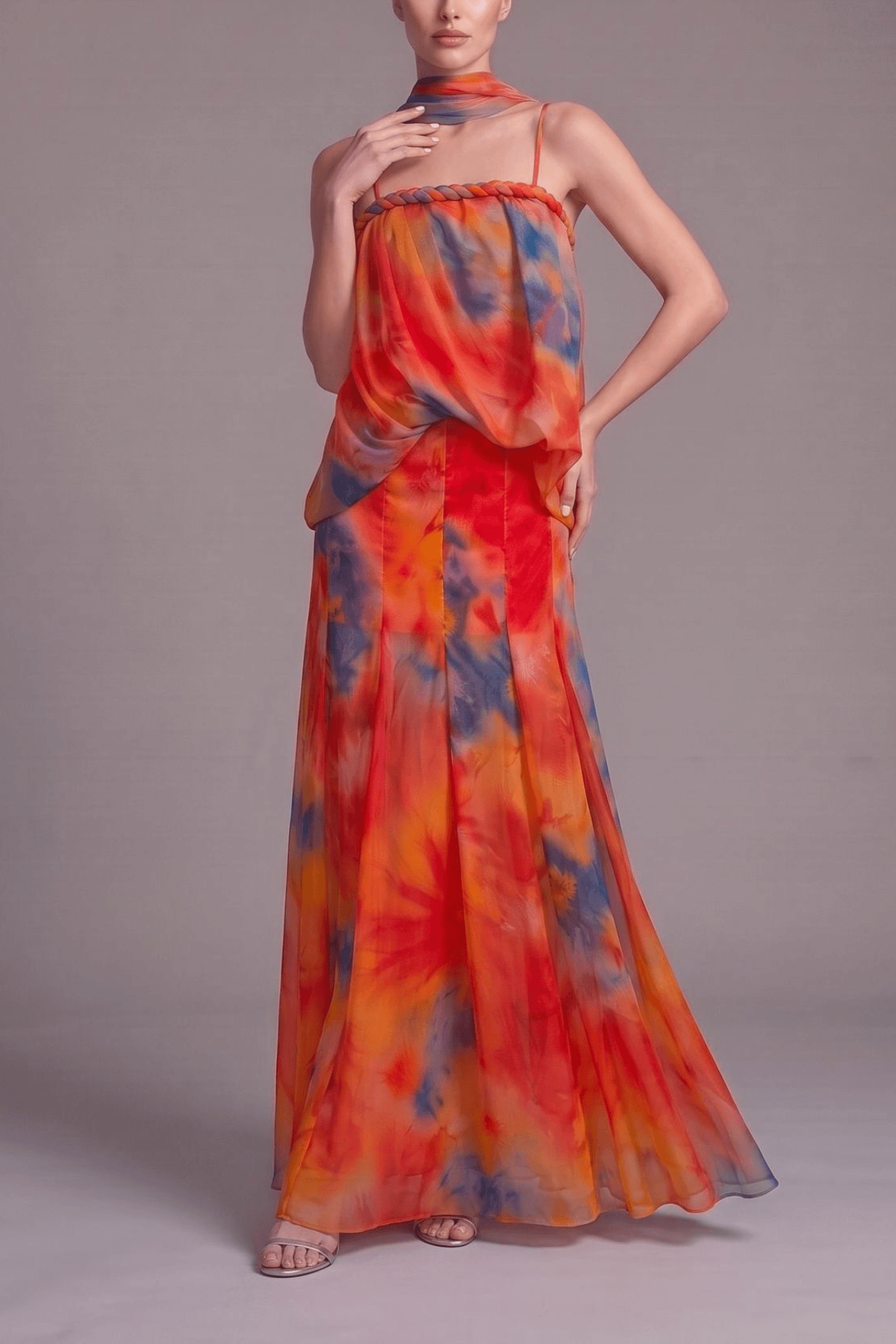 Bess Tie Dye Chiffon Braided Strap Halter Dress Avalabel