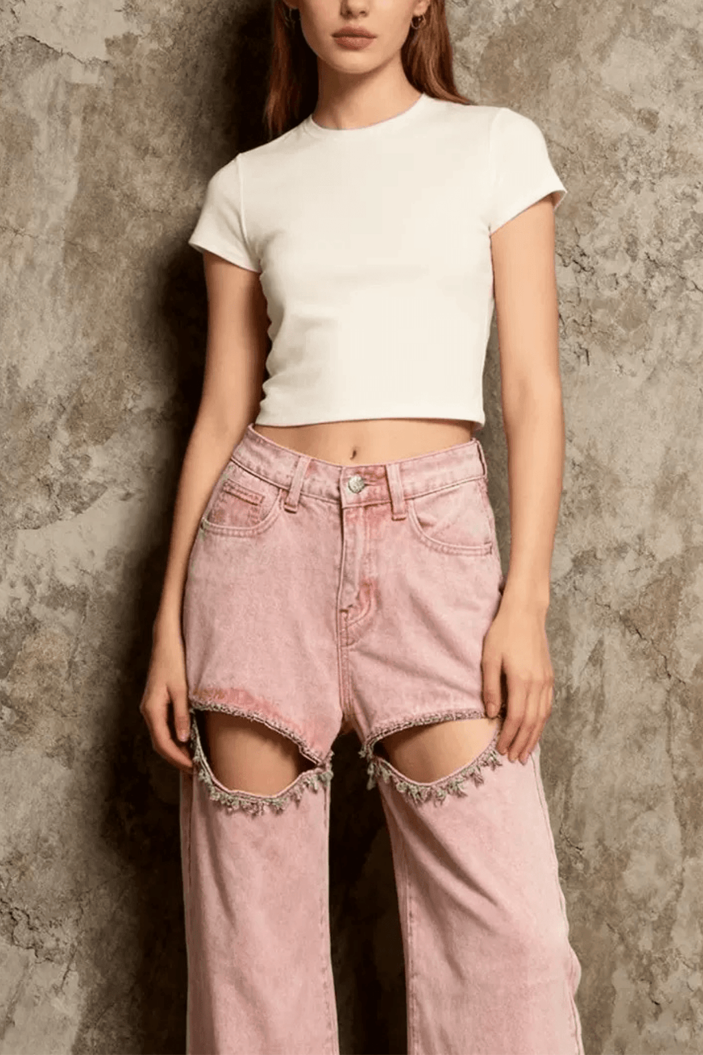 Hedy Pink Acid Wash Cutout Wide Leg Pants Avalabel