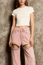 Hedy Pink Acid Wash Cutout Wide Leg Pants Avalabel