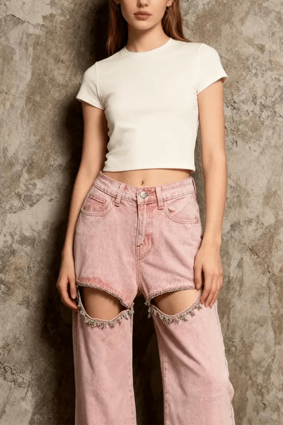 Hedy Pink Acid Wash Cutout Wide Leg Pants Avalabel