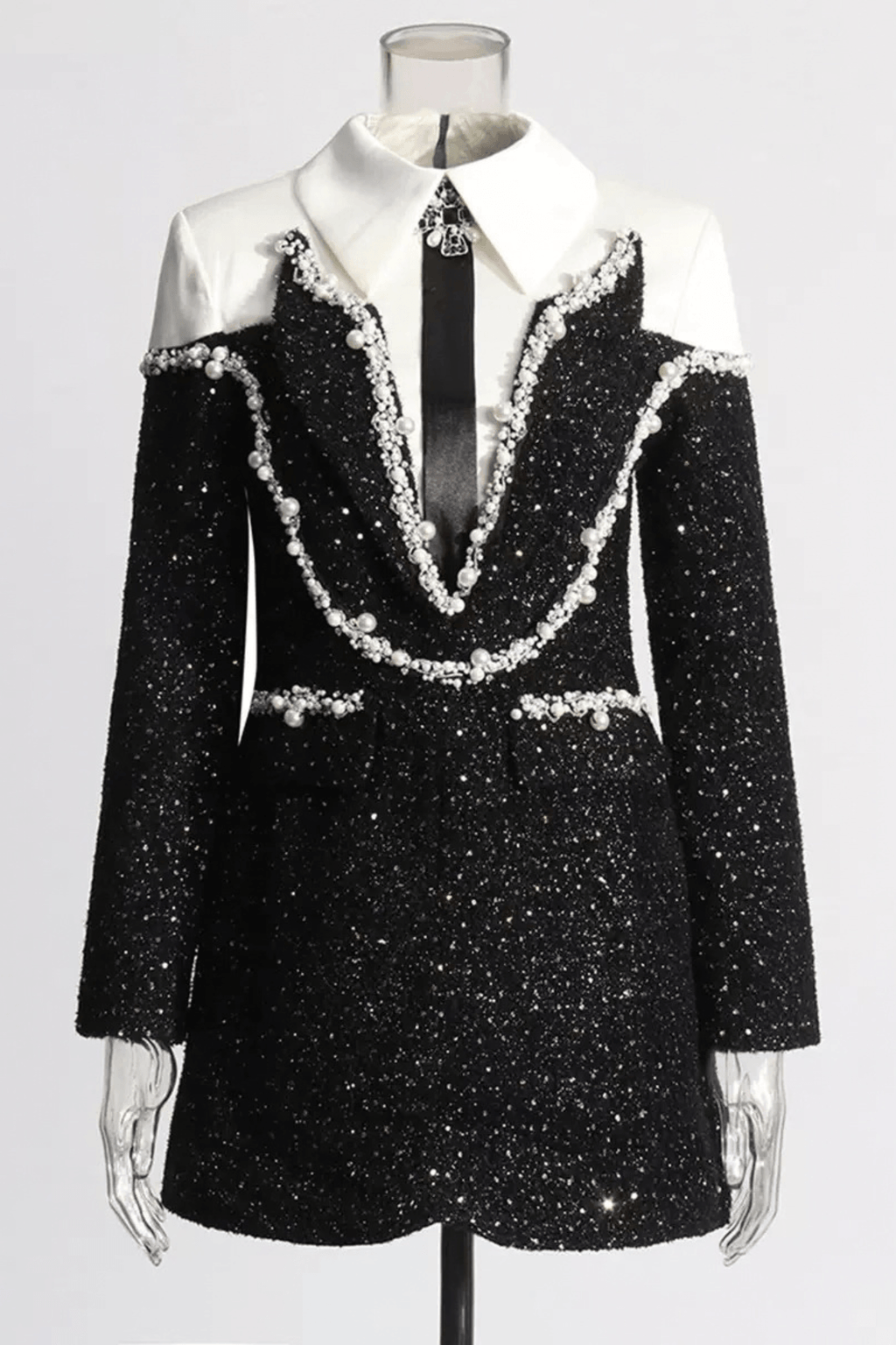 Jeanie Black Sequin Pearl Trim Mini Dress Avalabel