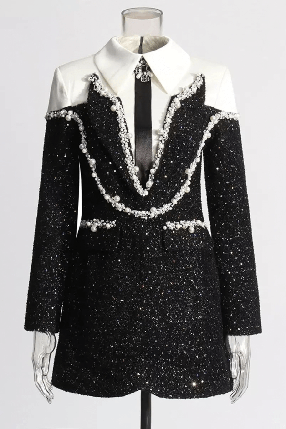 Jeanie Black Sequin Pearl Trim Mini Dress Avalabel
