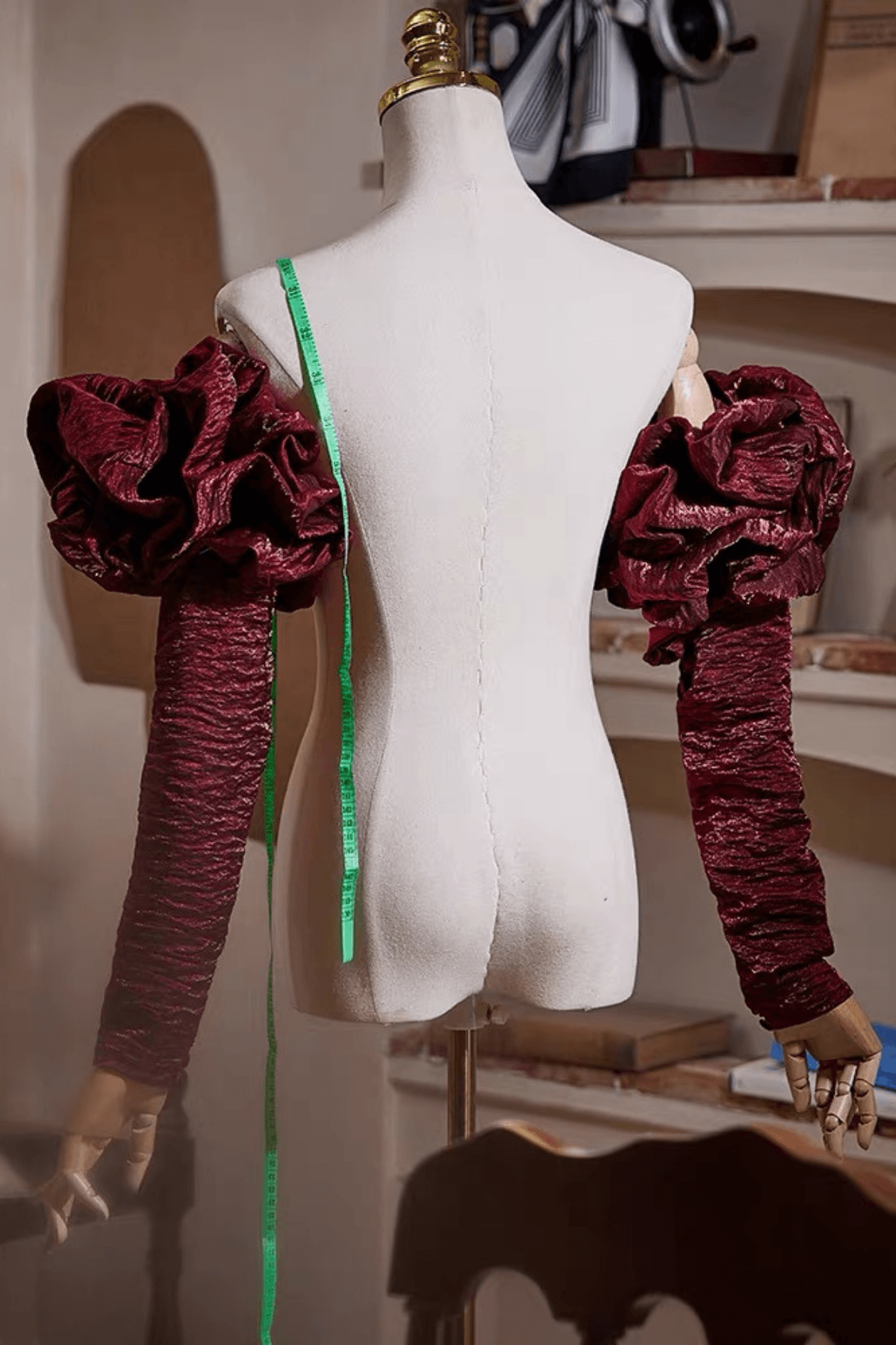 Burgundy Shiny Ruched Detachable Long Sleeves Avalabel