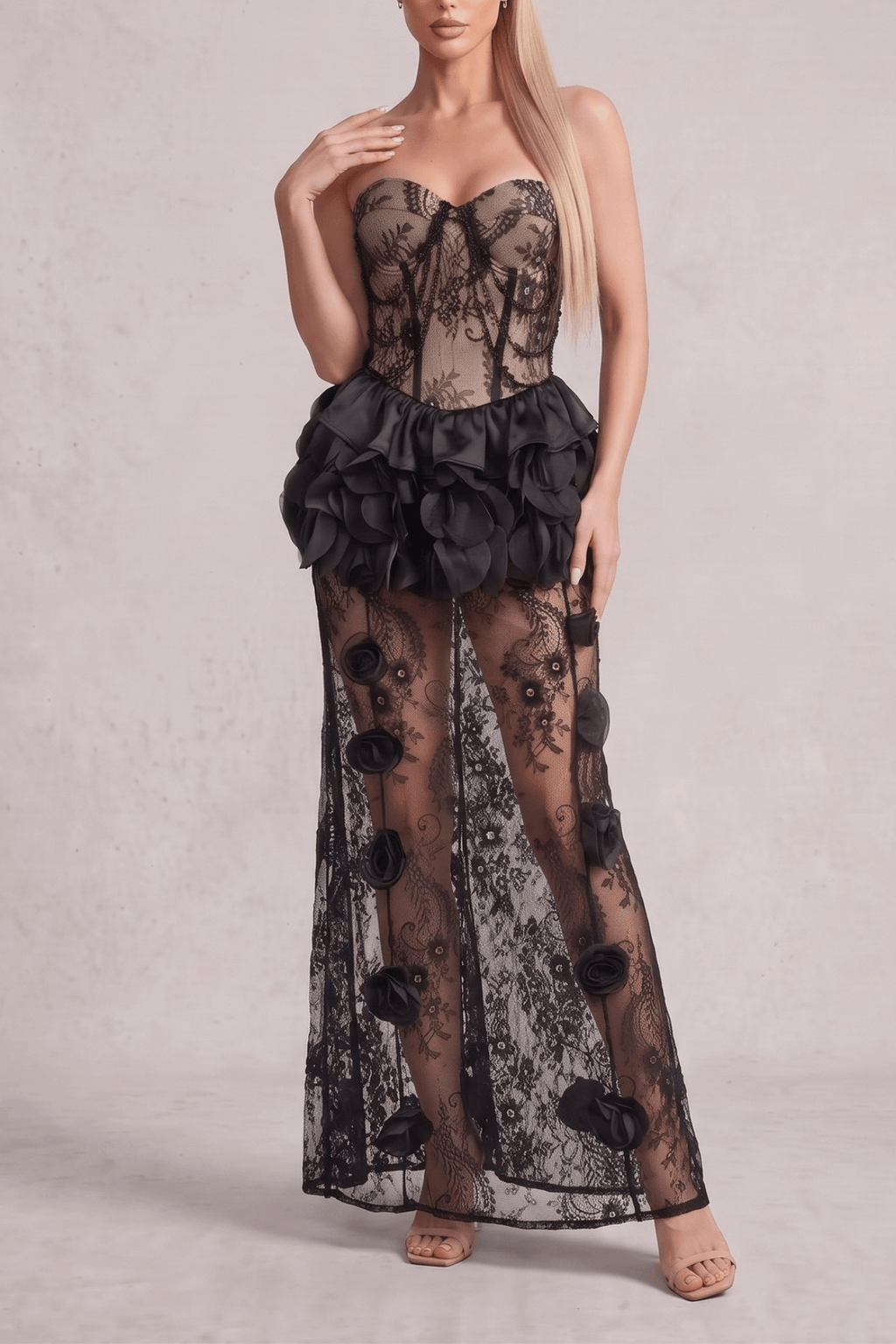 Bonnie Black Strapless 3D Floral Lace Dress Avalabel