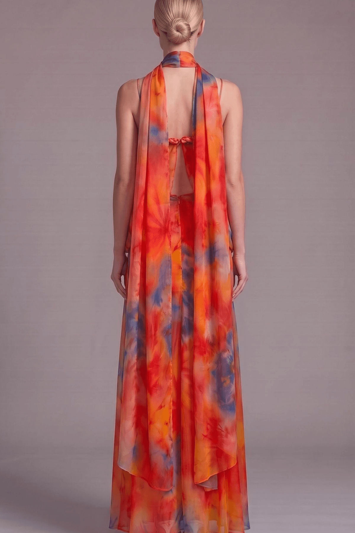 Bess Tie Dye Chiffon Braided Strap Halter Dress Avalabel
