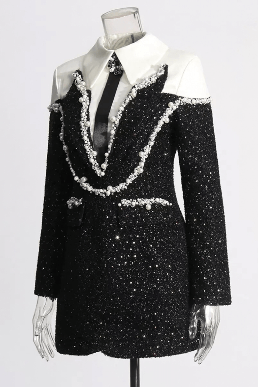 Jeanie Black Sequin Pearl Trim Mini Dress Avalabel