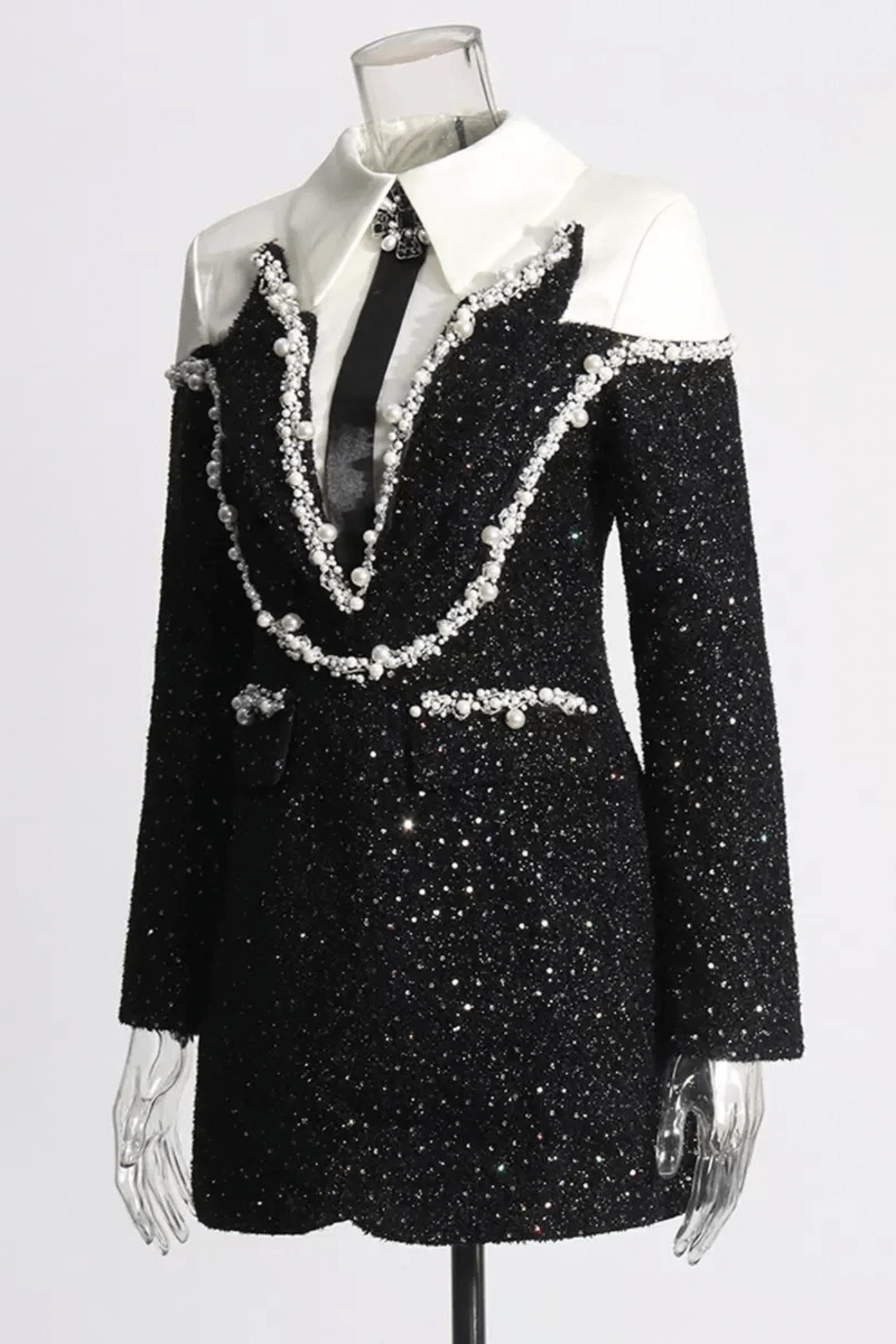 Jeanie Black Sequin Pearl Trim Mini Dress Avalabel