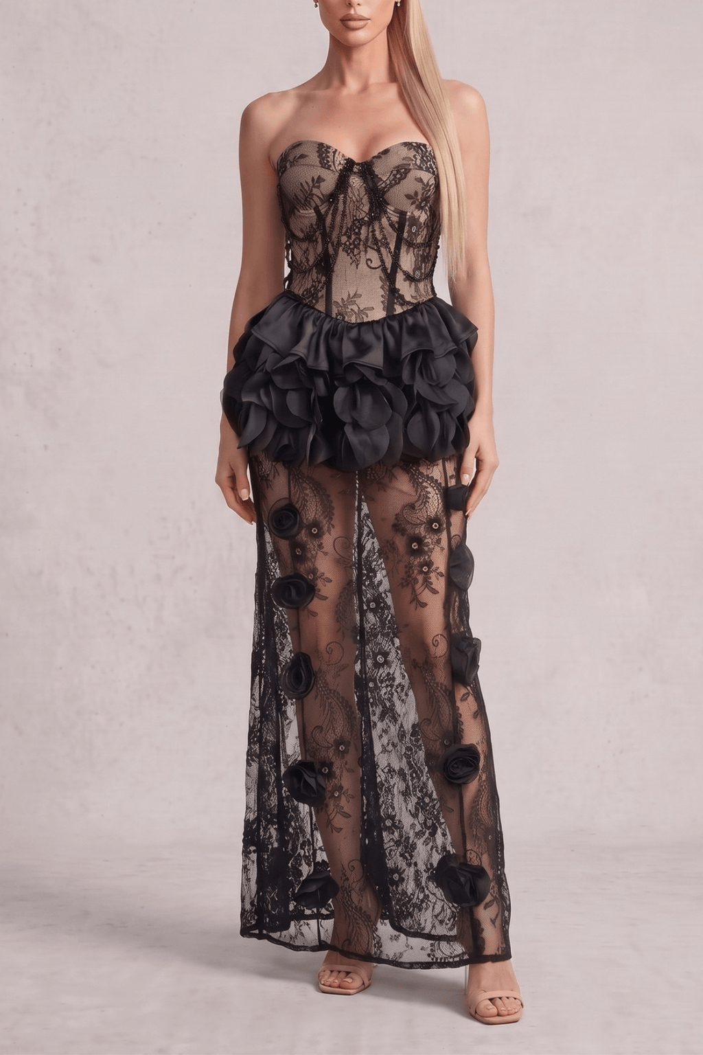 Bonnie Black Strapless 3D Floral Lace Dress Avalabel