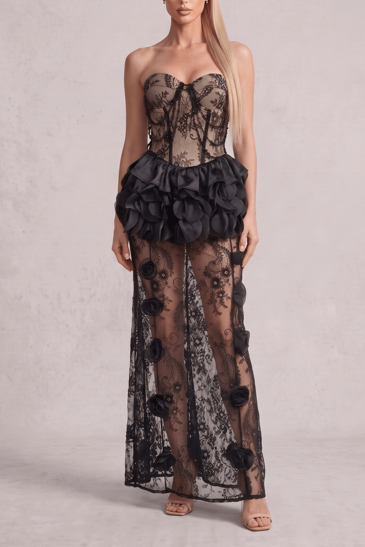 Bonnie Black Strapless 3D Floral Lace Dress Avalabel