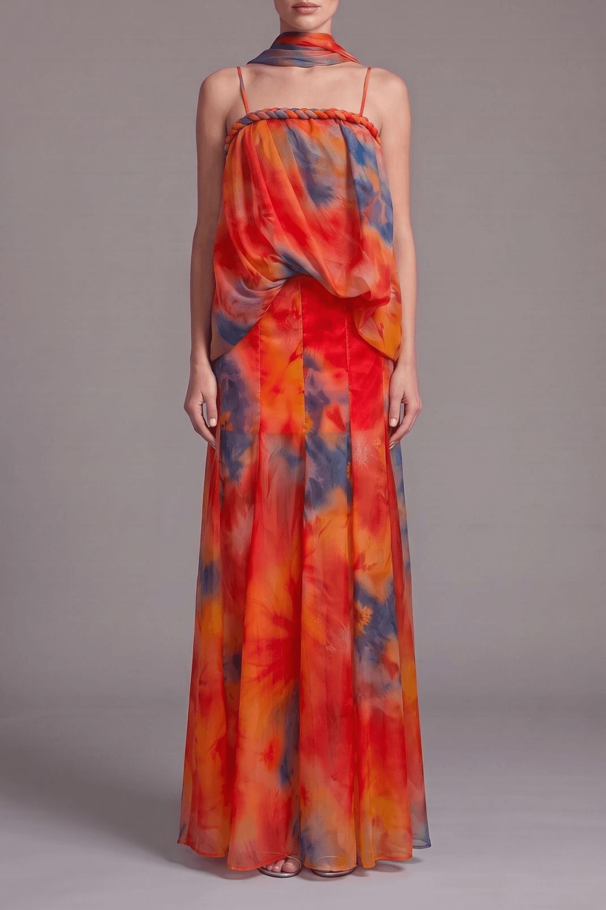 Bess Tie Dye Chiffon Braided Strap Halter Dress Avalabel