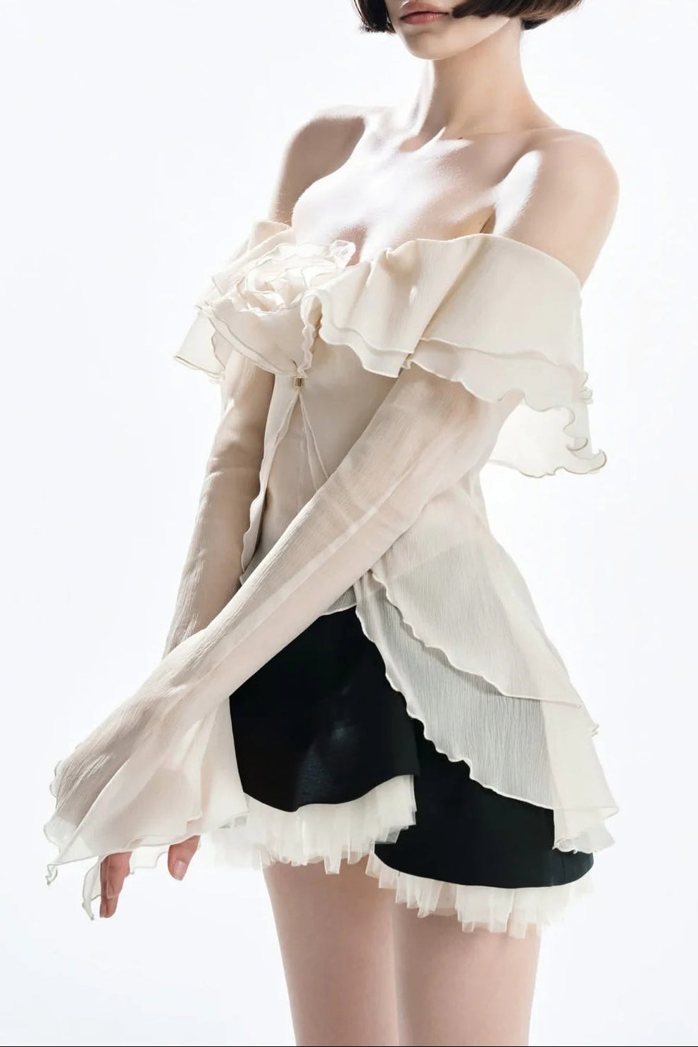 apricot One-shoulder tube top with backless ruffled mesh skirt set Avalabel