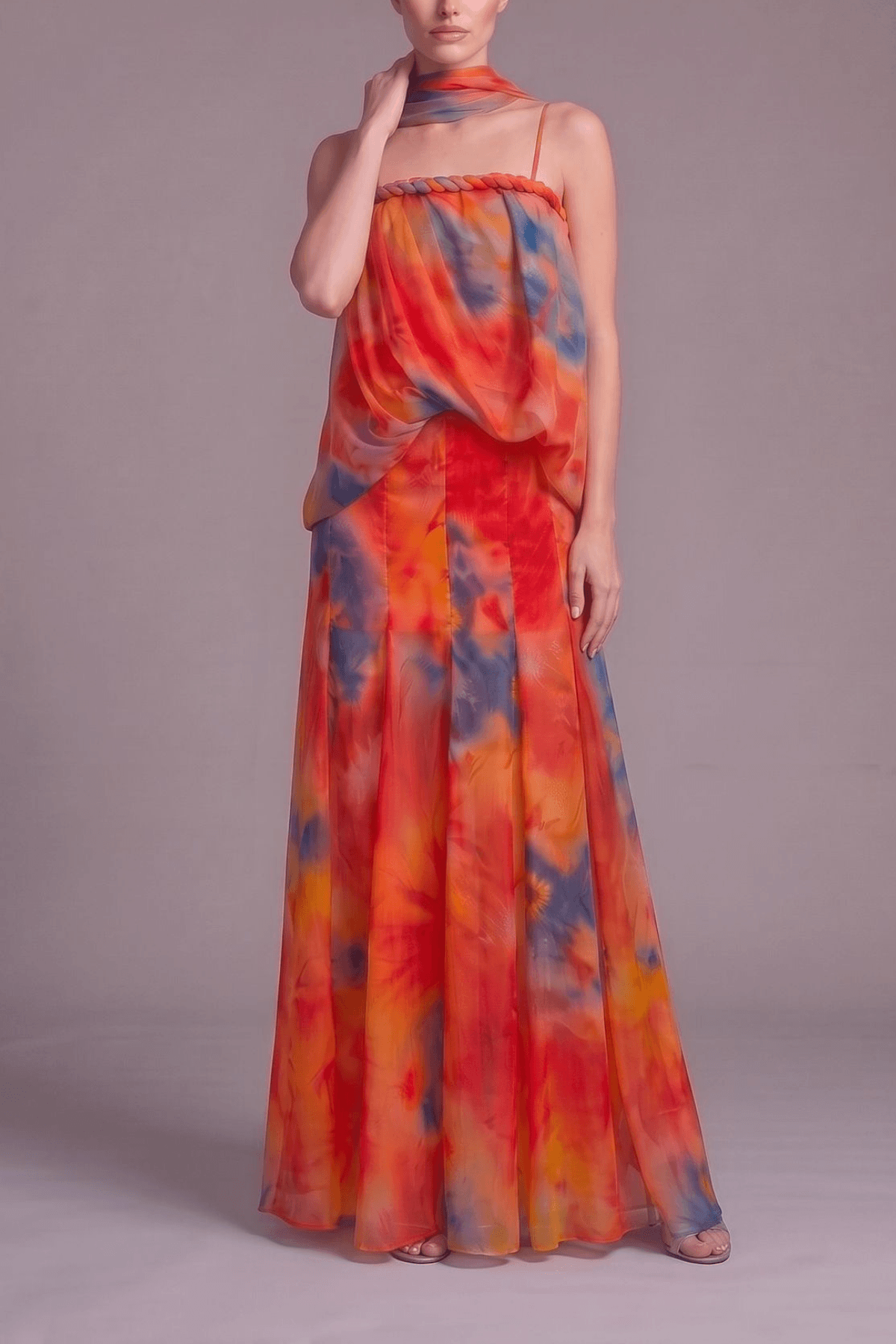 Bess Tie Dye Chiffon Braided Strap Halter Dress Avalabel